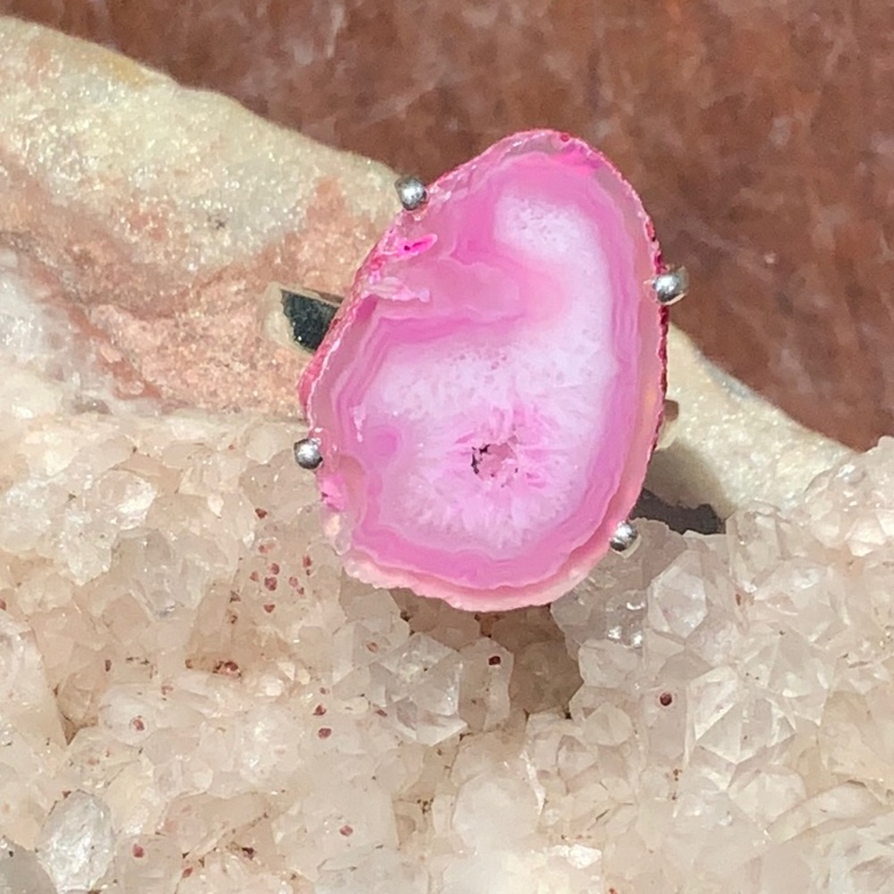 FLEECE PINK DRUZY AGATE GEODE 925 STERLING SILVER RING, SIZE 8